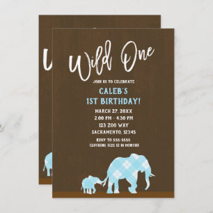 Blue Elephants Brown Modern WILD ONE 1ST Birthday Invitation