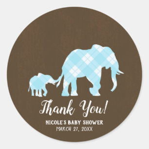 Blue Elephants Brown Trendy Modern Baby Shower Classic Round Sticker