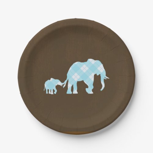 Blue Elephants Brown Trendy Modern Baby Shower Paper Plates