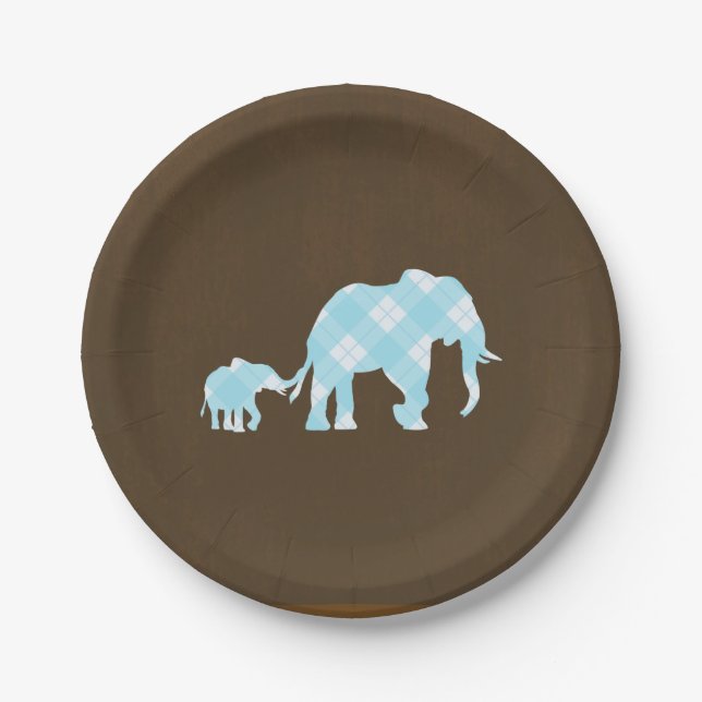 Blue Elephants Brown Trendy Modern Baby Shower Paper Plates (Front)