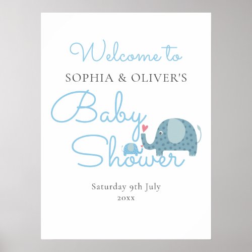 Blue Elephants Couples Baby Boy Shower Welcome Poster