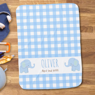 Blue Elephants Gingham Name Birth Baby Blanket