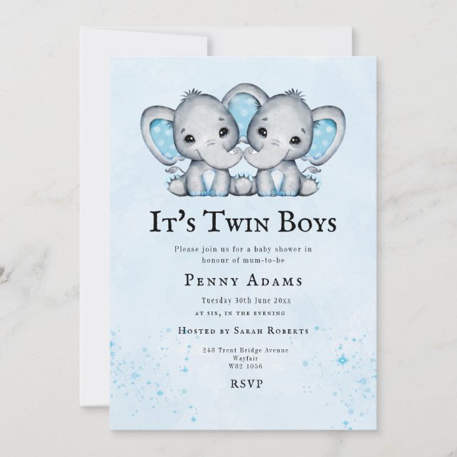 Blue Elephants Twins Baby Shower Invitation  (Front)