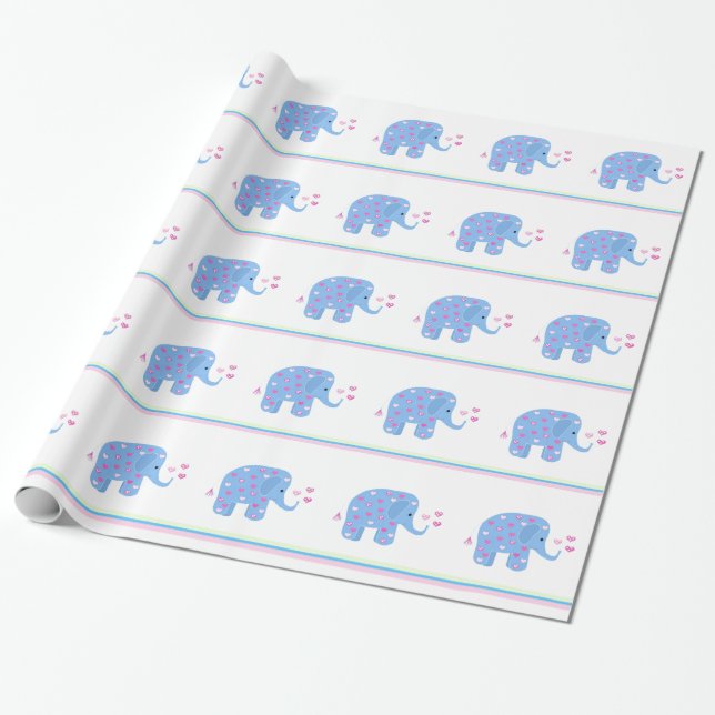 Blue Elephants with Hearts and Stripes Wrapping Paper (Unrolled)