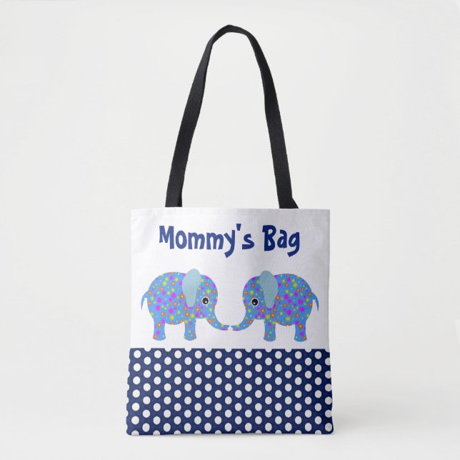 Blue Elephants with Navy Blue Polka Dots Block #3 Tote Bag (Front)