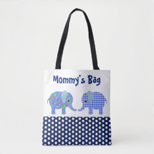 Blue Elephants with Navy Blue Polka Dots Block Tote Bag