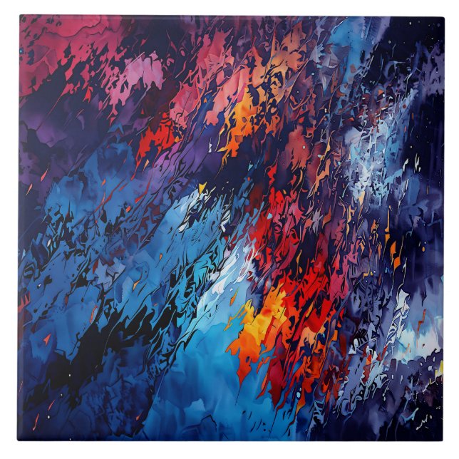 Blue Ember Blue Red Contemporary Abstract Art Ceramic Tile (Front)