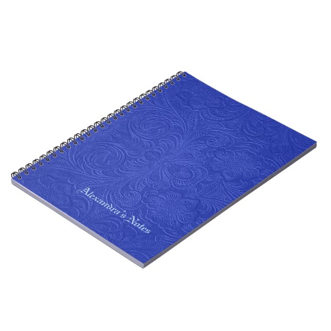 Blue Embossed Flowers Suede Leather Look Notebook (Left Side)
