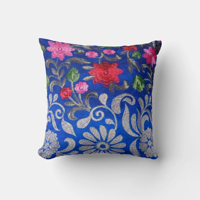 Blue Embroidered Throw Pillow for Home Decor (Front)