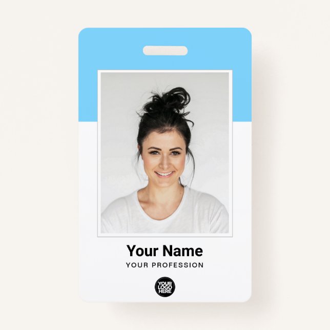 Blue Employee huge Photo Qr Bar Code Logo Name Badge (Front)