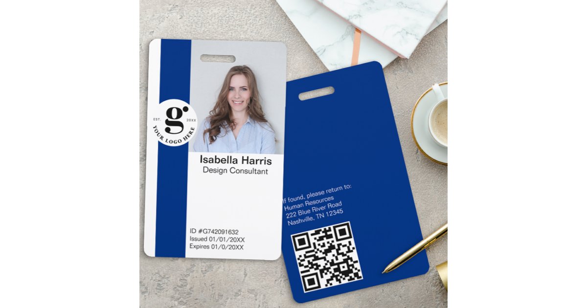 Blue Employee ID Badge with Photo & QR Code | Zazzle