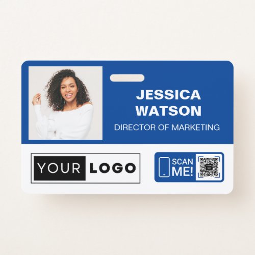 Blue Employee Name Badge with Logo and QR Code