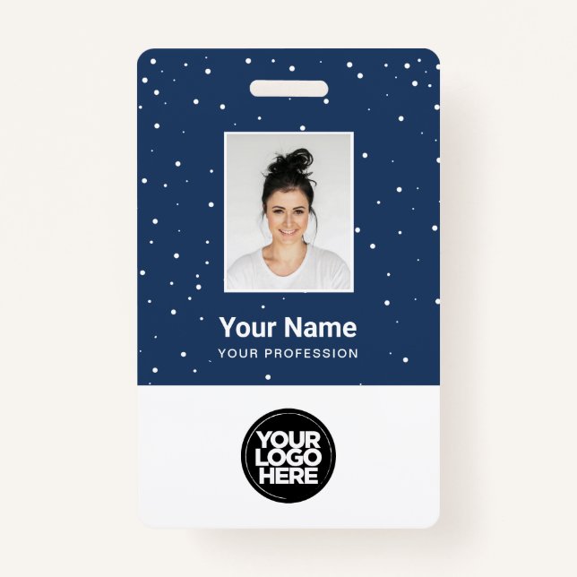 Blue Employee Photo Christmas Holiday Logo Name Badge (Front)