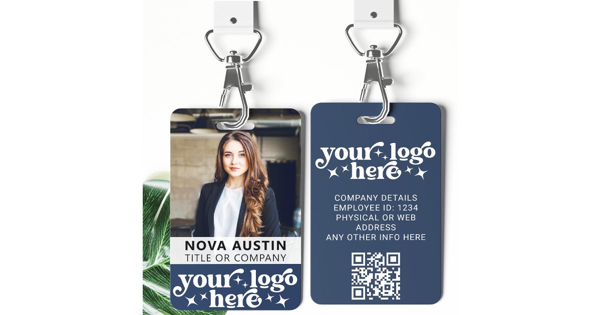 Blue Employee Photo ID With QR Code Business Logo Badge | Zazzle