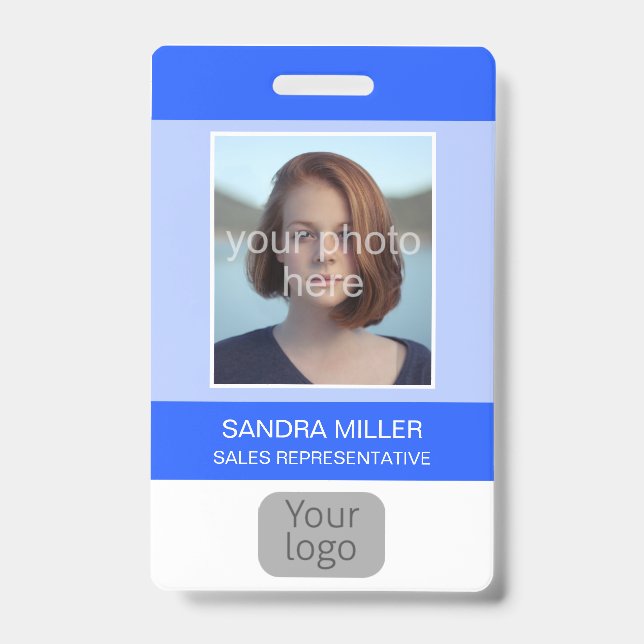 Blue, Employee Photo, Logo, Bar Code, Name, Badge (Front)