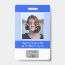 Blue, Employee Photo, Logo, Bar Code, Name,