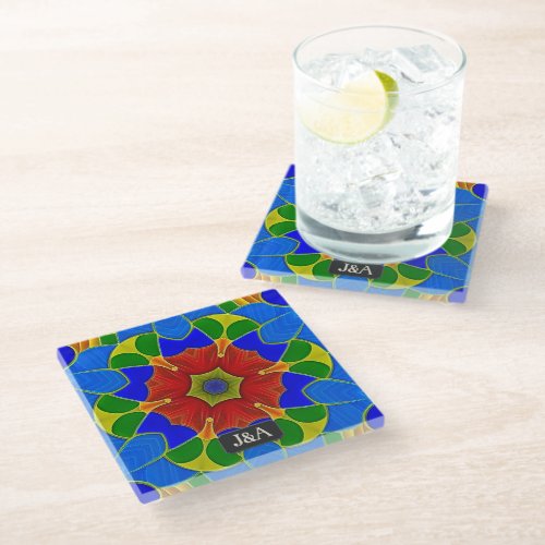 Blue Enamel _ French Cloisonne _ Flower  initials Glass Coaster