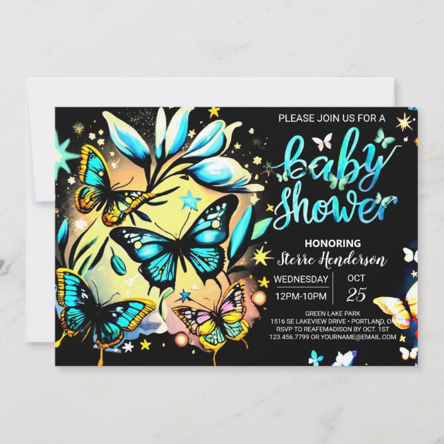 Blue Enchanted Butterfly Digital Boy Baby Shower Invitation (Front)
