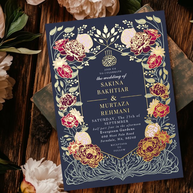 Blue Enchanted Garden Floral Muslim Wedding  Foil Invitation (Creator Uploaded)