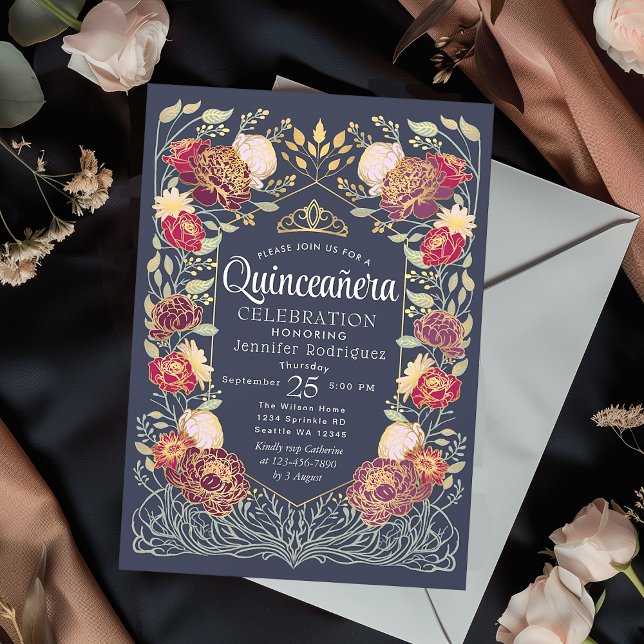 Blue Enchanted Garden Floral Quinceanera  Invitation (Creator Uploaded)