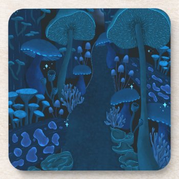 Blue Enchanted Mushroom Grove Beverage Coaster by dulceevents at Zazzle