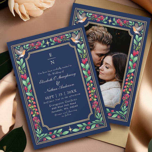 Blue Enchanting Botanical Garden Wedding Photo Invitation (Creator Uploaded)