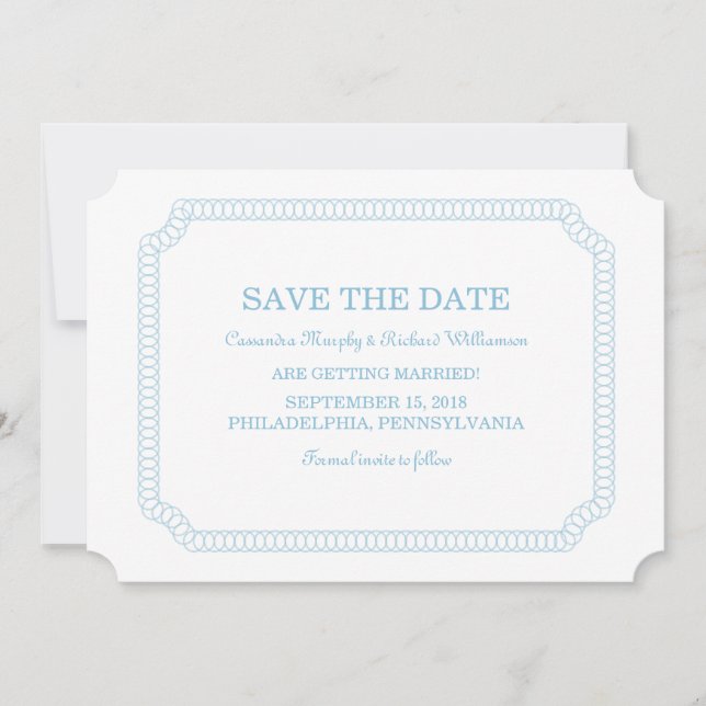 Blue Encircled Ticket Save the Date Invite (Front)