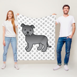 Blue English Staffie Cute Cartoon Dog &amp; Paws Fleece Blanket