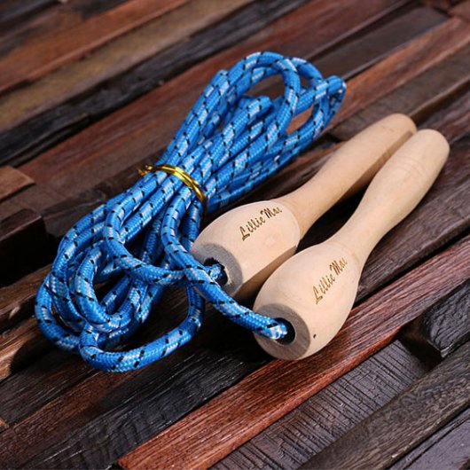Blue Engraved Wooden Handle Kids Jump Rope (Top)