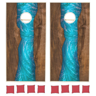 Blue Epoxy River & Woodgrain Design | Rustic Cornhole Set