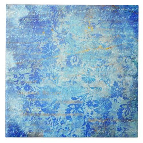 Blue esthetic vintage floral folk art ceramic tile