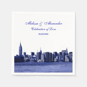 Blue Etched Look NYC Skyline Silhouette, ESB #1 Paper Napkins
