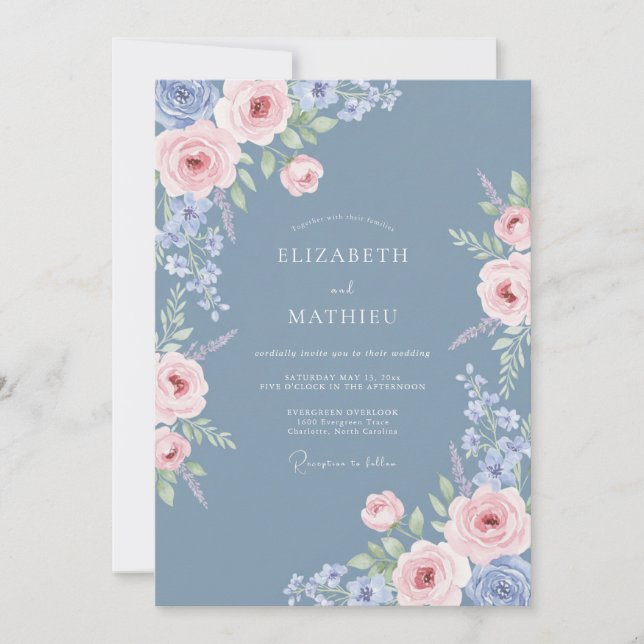 Blue Ethereal Bloom Flourish Wedding Invitation (Front)