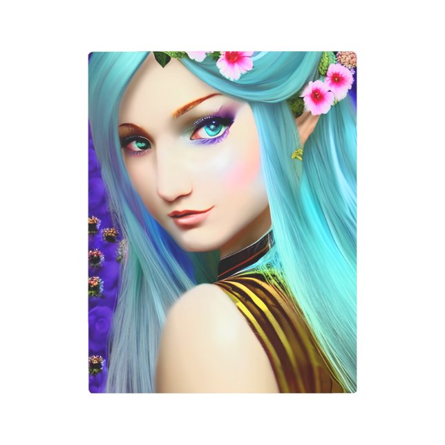 Blue Ethereal Woman with Flowers Metal Print (Front)