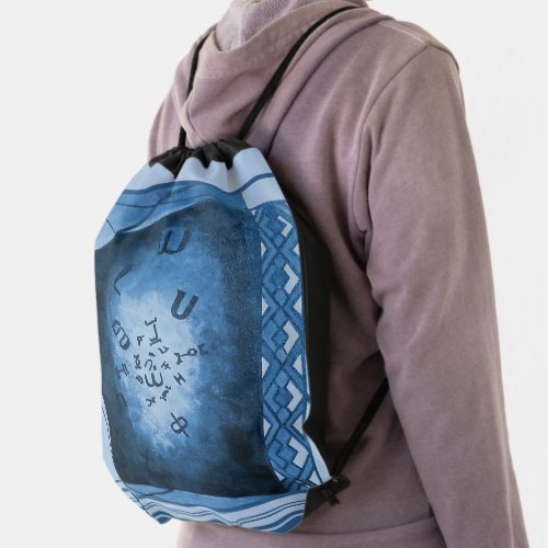 Blue Ethiopian Pattern and Letters Drawstring Bag