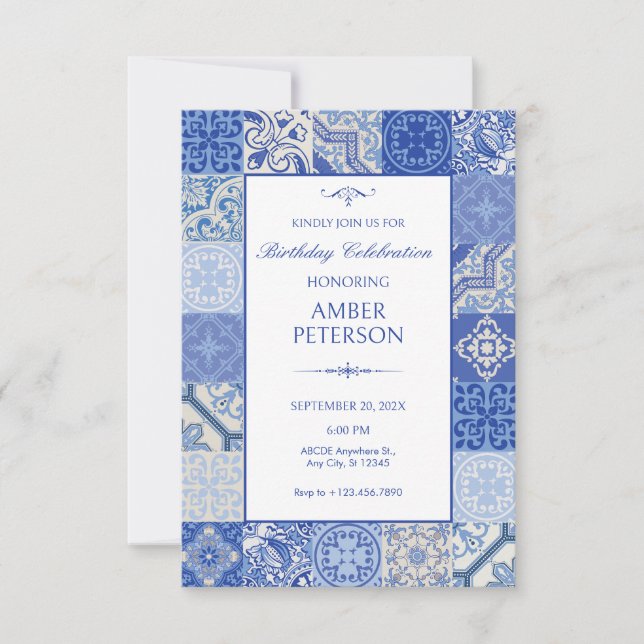 Blue Ethnic Boho Mediterranean Tiles birthday Invitation (Front)