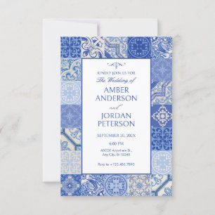 Blue Ethnic Boho Mediterranean Tiles wedding Invitation