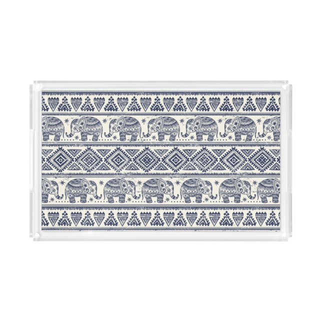 Blue Ethnic Elephant Pattern Acrylic Tray (Front)