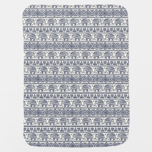 Blue Ethnic Elephant Pattern Baby Blanket (Front)