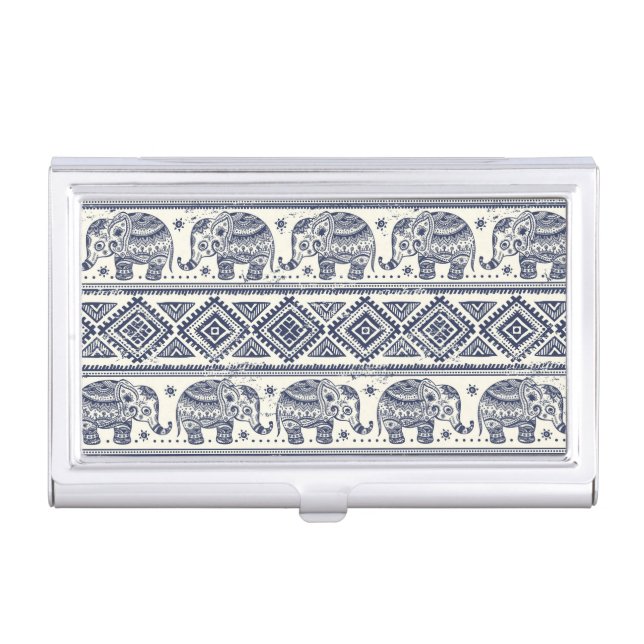Blue Ethnic Elephant Pattern Business Card Holder (Front)