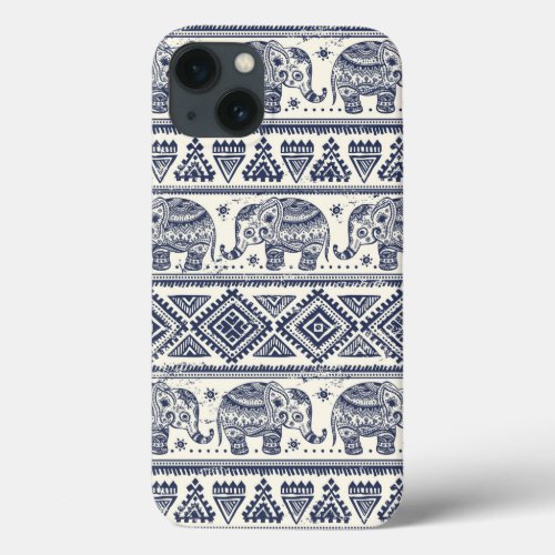 Blue Ethnic Elephant Pattern iPhone 13 Case