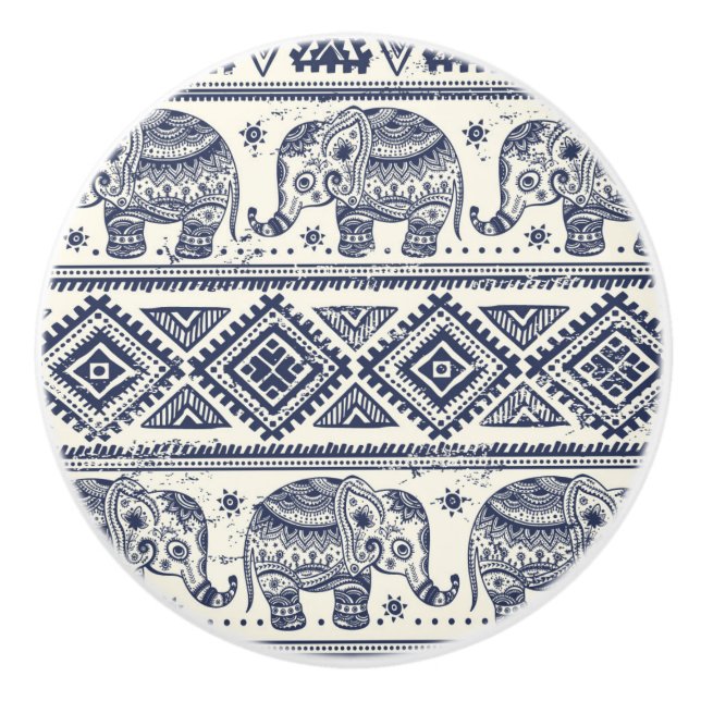 Blue Ethnic Elephant Pattern Ceramic Knob (Front)