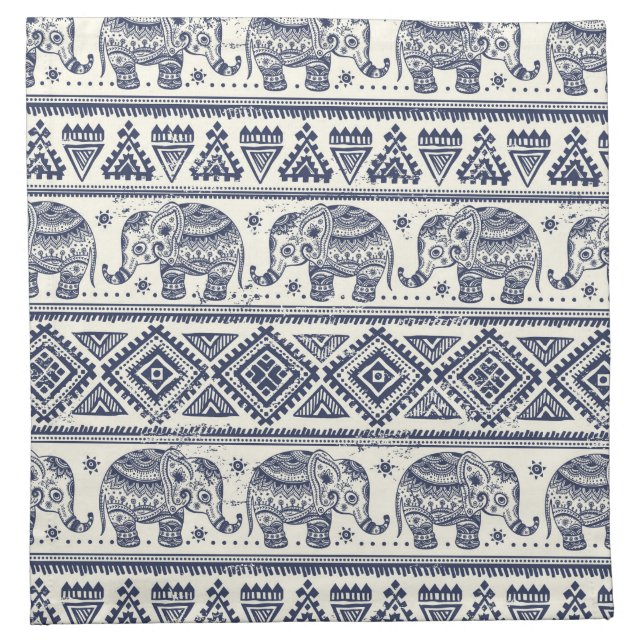 Blue Ethnic Elephant Pattern Cloth Napkin (Front)