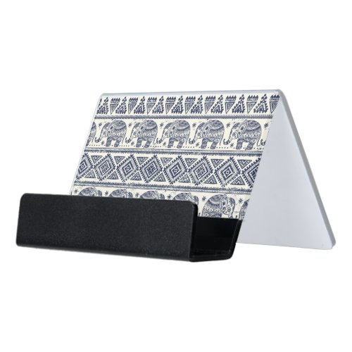 Blue Ethnic Elephant Pattern Desk Business Card Holder