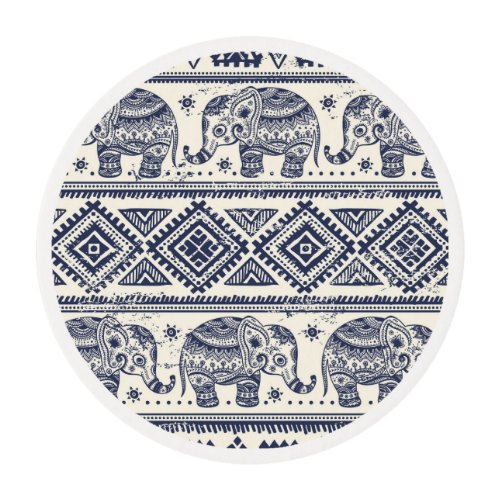 Blue Ethnic Elephant Pattern Edible Frosting Rounds