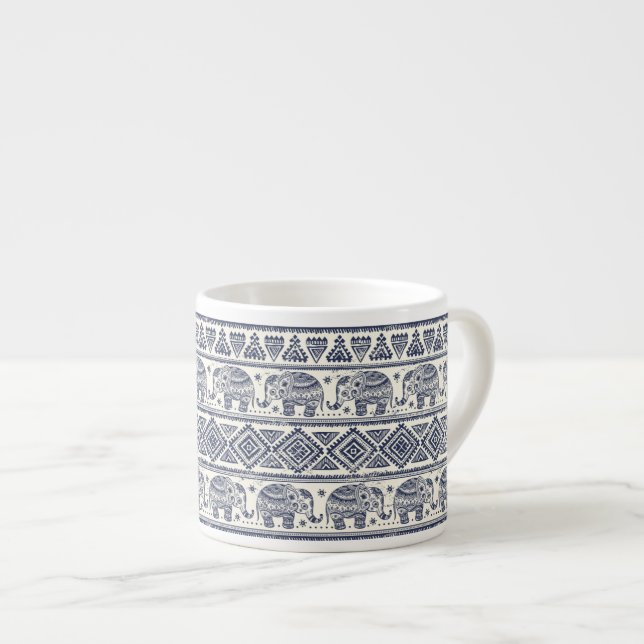 Blue Ethnic Elephant Pattern Espresso Cup (Front Right)