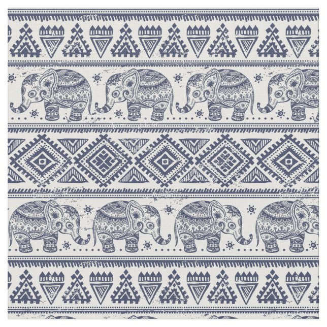 Blue Ethnic Elephant Pattern Fabric (Close Up)