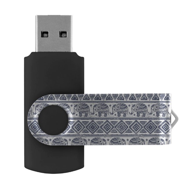 Blue Ethnic Elephant Pattern Flash Drive (Opened)