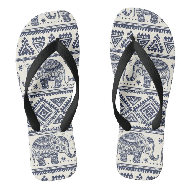 Blue Ethnic Elephant Pattern Flip Flops (Footbed)