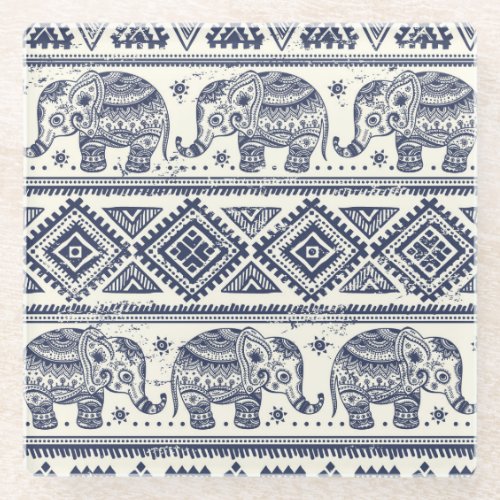 Blue Ethnic Elephant Pattern Glass Coaster